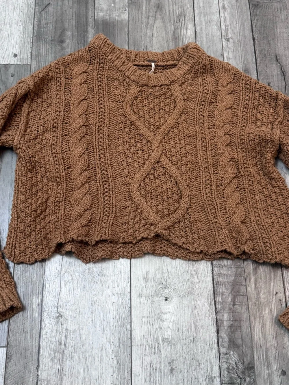 Free People Cutting Edge Oversized Crop Boho Cable Knit Sweater Brown Large
